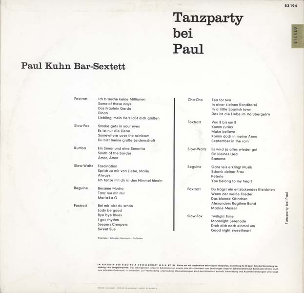 Paul Kuhn – 1960 – Tanzparty bei Paul [STE 83194][LP黑胶][德国版][WAV+CUE]