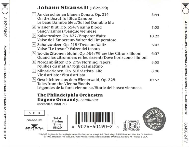 Ormandy 尤金・奥曼迪 – 1990 – Strauss Waltzes 蓝色多瑙河：施特劳斯圆舞曲集 [60490-2-RV][美国版][WAV+CUE]