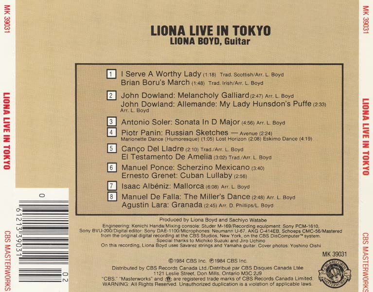 Liona Boyd 莉奥娜・博伊德 – 1984 – Liona Live In Tokyo [MK 39031][美国版][WAV+CUE]