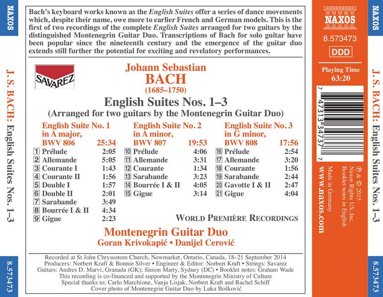 Montenegrin Guitar Duo 黑山吉他二重奏 – 2015 – Bach – English Suites Nos.1-3 8.573473][德国版][WAV+CUE]