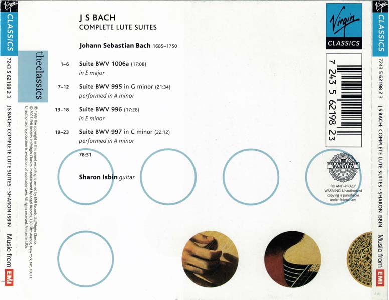Isbin, Sharon 莎伦・伊斯宾 – 1989 – J S Bach~ Complete Lute Suites (2003)[7243 5 62198 2 3][美国版][WAV+CUE]