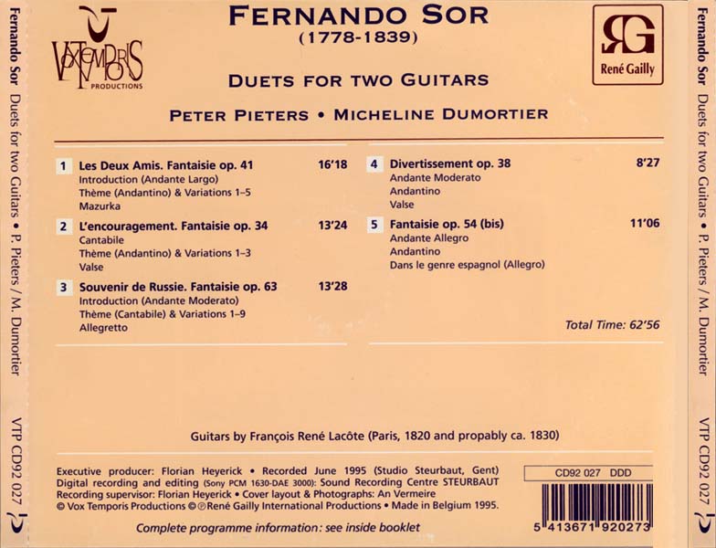 Pieters, Dumortier – 1995 – Sor – Duets for two Guitars 费尔南多・索尔：两把吉他二重奏 [CD92 027 DDD][比利时版][WAV+CUE]