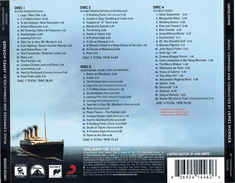 电影原声 – 2017 – Titanic 泰坦尼克号 (20 周年限量纪念版) 4CD (2017)[LLLCD‑1446][美国版][WAV+CUE]