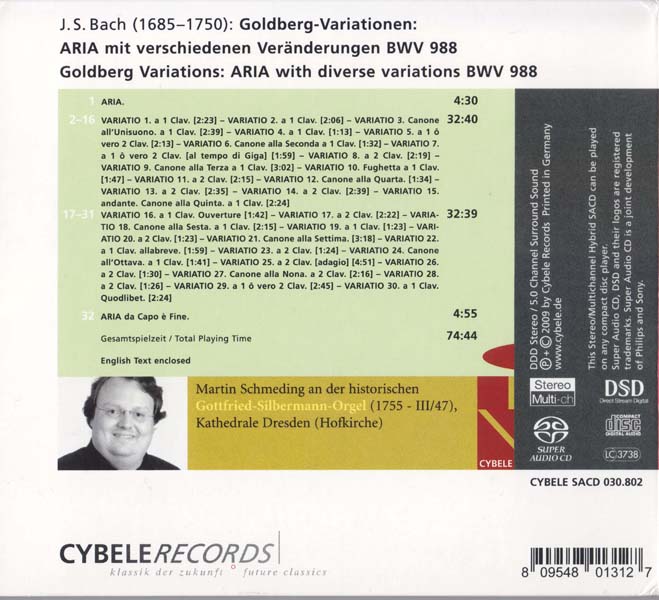Martin Schmeding – 2009 – 约翰・塞巴斯蒂安・巴赫 – 哥德堡变奏曲 BWV 988 [SACD][CYBELE SACD 030.802][德国版][ISO]